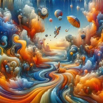 The primary subject of the image is a painting featuring a colorful, swirling river with a clock, umbrella, and various other objects floating in it. The setting is a surreal, artistic environment, and the visual style is a combination of digital art and illustration. The dominant colors in the painting are vibrant and lively, creating a joyful and whimsical atmosphere.